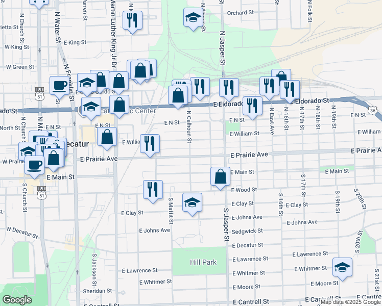 map of restaurants, bars, coffee shops, grocery stores, and more near 1000 East Prairie Avenue in Decatur
