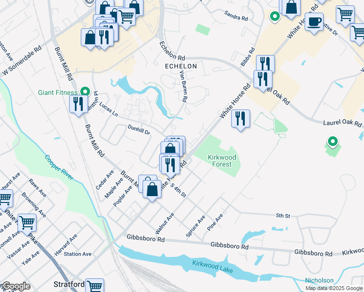 map of restaurants, bars, coffee shops, grocery stores, and more near 2113 Hamilton Drive in Voorhees Township