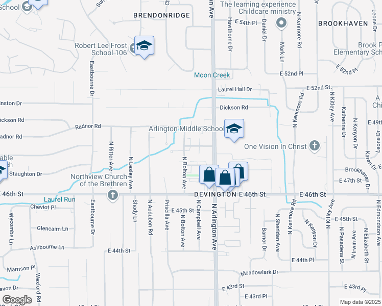 map of restaurants, bars, coffee shops, grocery stores, and more near 5909 Devington Road in Indianapolis