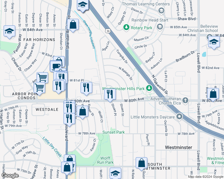 map of restaurants, bars, coffee shops, grocery stores, and more near 8061 Stuart Place in Westminster
