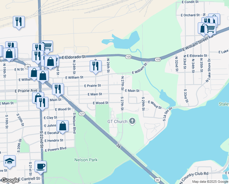 map of restaurants, bars, coffee shops, grocery stores, and more near 2620 East Main Street in Decatur