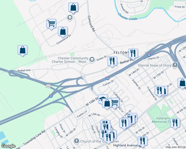 map of restaurants, bars, coffee shops, grocery stores, and more near 2741 Bethel Road in Chester
