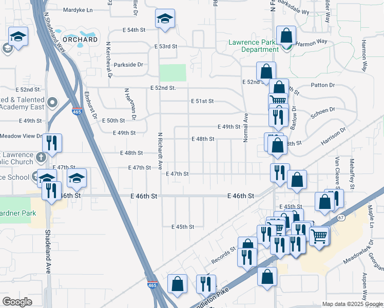 map of restaurants, bars, coffee shops, grocery stores, and more near 4743 North Mitchner Avenue in Indianapolis