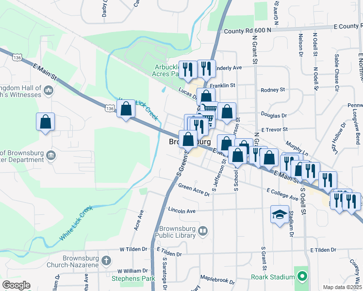 map of restaurants, bars, coffee shops, grocery stores, and more near 21 West Main Street in Brownsburg