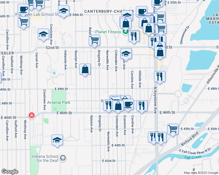 map of restaurants, bars, coffee shops, grocery stores, and more near 4901 Norwaldo Avenue in Indianapolis