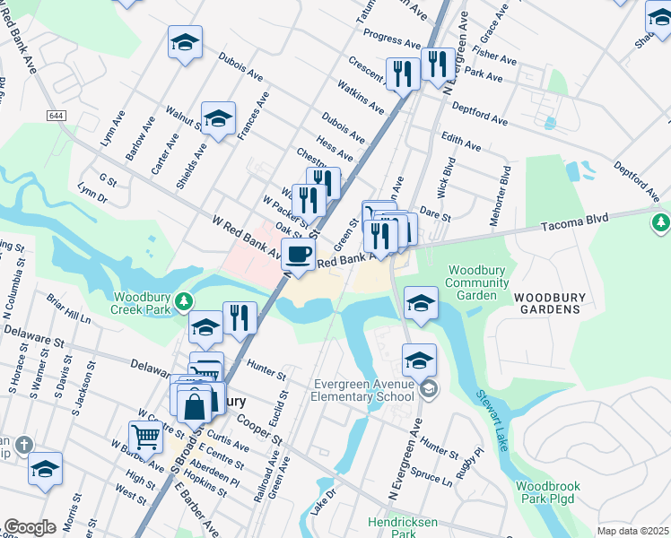 map of restaurants, bars, coffee shops, grocery stores, and more near 49 East Red Bank Avenue in Woodbury