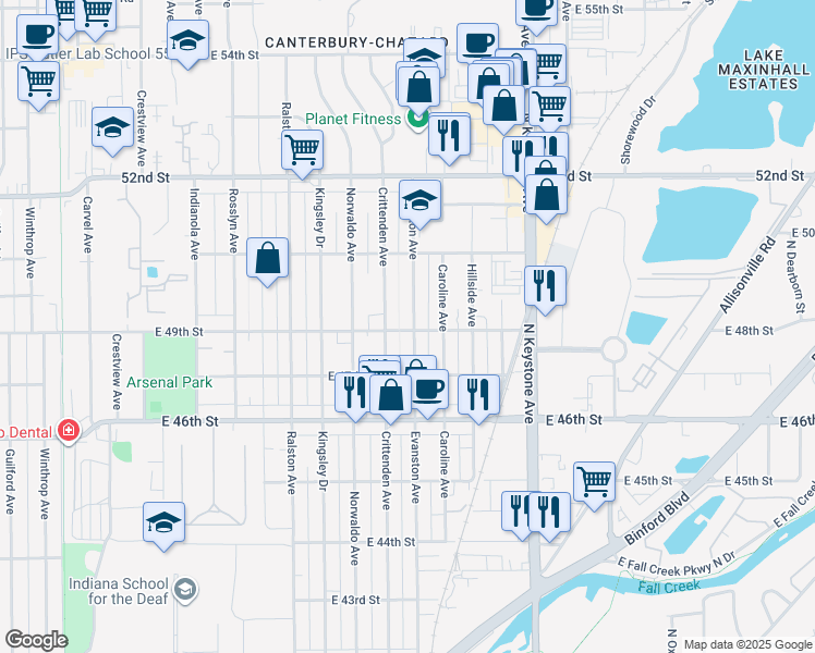 map of restaurants, bars, coffee shops, grocery stores, and more near 4902 Evanston Avenue in Indianapolis