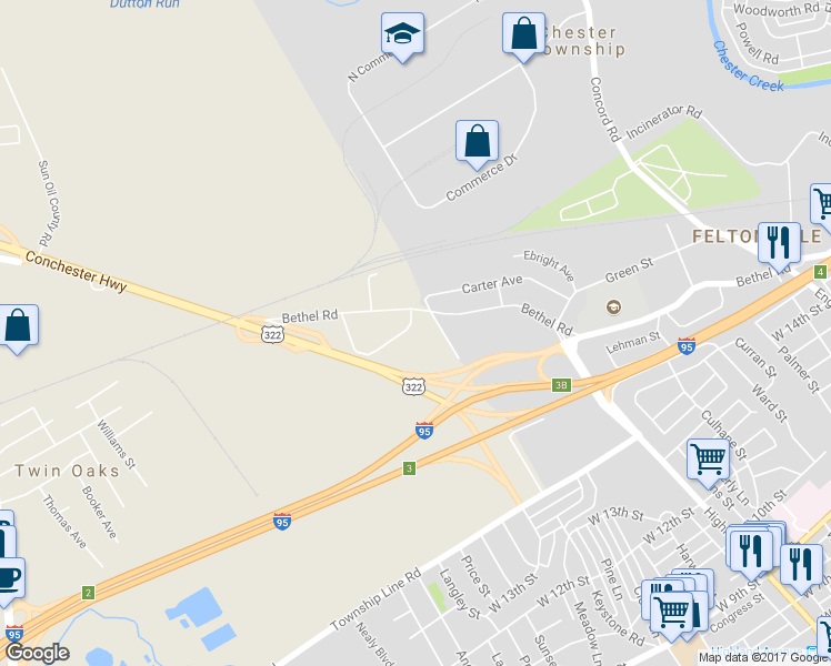 map of restaurants, bars, coffee shops, grocery stores, and more near 1049 Excelsior Drive in Upper Chichester