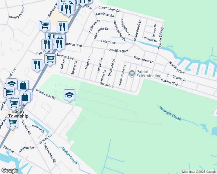 map of restaurants, bars, coffee shops, grocery stores, and more near 201 Sunset Drive in Lacey Township