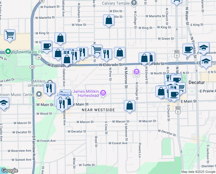 map of restaurants, bars, coffee shops, grocery stores, and more near 825 West William Street in Decatur