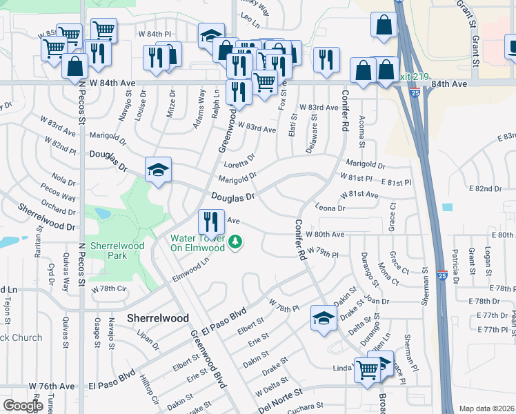 map of restaurants, bars, coffee shops, grocery stores, and more near 744 Douglas Drive in Denver