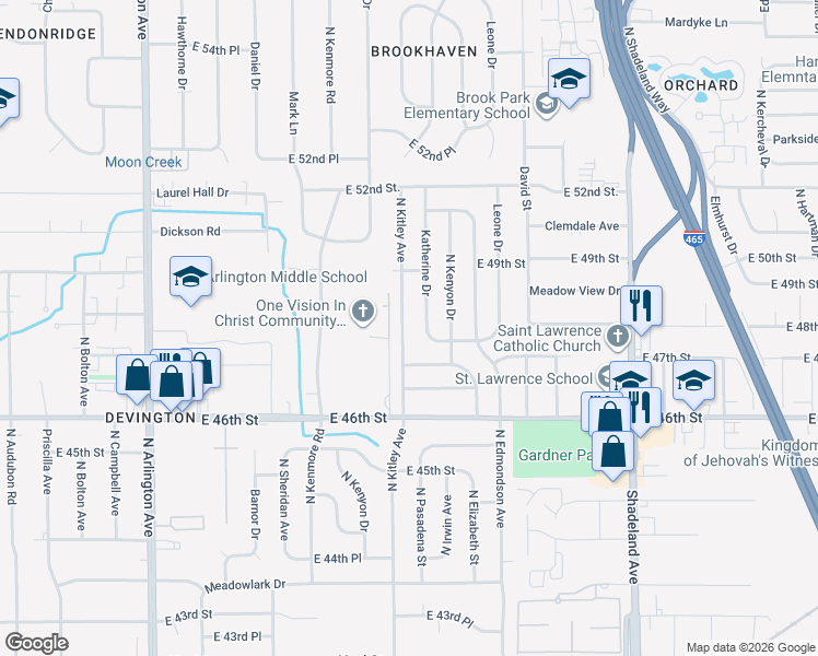 map of restaurants, bars, coffee shops, grocery stores, and more near 4735 North Kitley Avenue in Indianapolis
