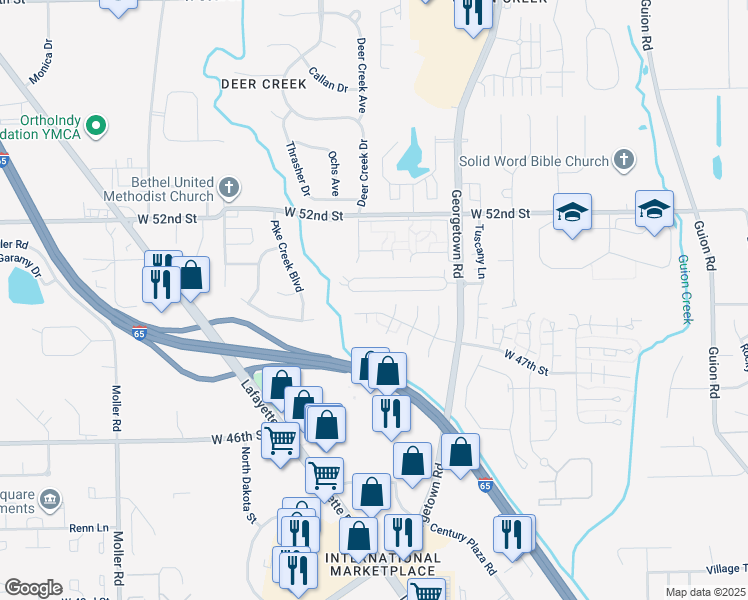 map of restaurants, bars, coffee shops, grocery stores, and more near 5023 Lewiston Drive in Indianapolis