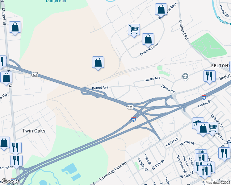 map of restaurants, bars, coffee shops, grocery stores, and more near 2815 Excelsior Drive in Aston