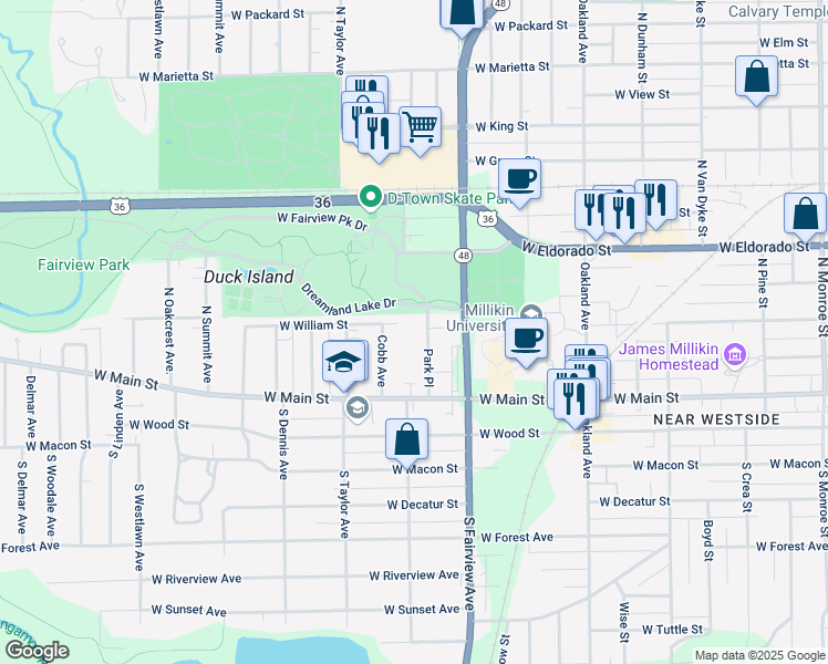 map of restaurants, bars, coffee shops, grocery stores, and more near W William St in Decatur