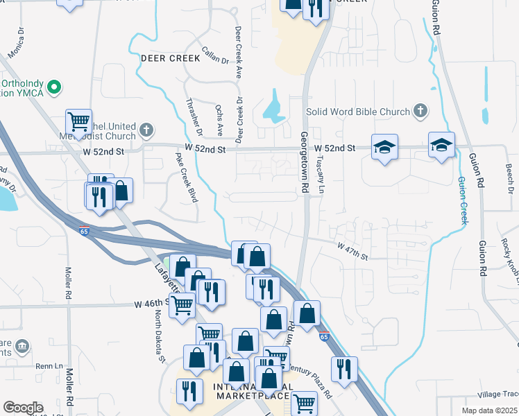 map of restaurants, bars, coffee shops, grocery stores, and more near 4947 Lewiston Drive in Indianapolis