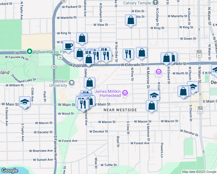 map of restaurants, bars, coffee shops, grocery stores, and more near 238 North Haworth Avenue in Decatur