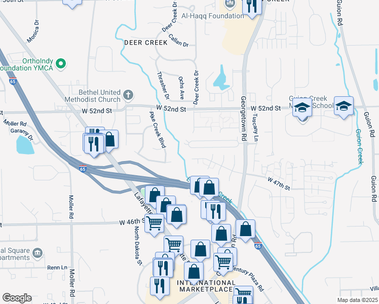 map of restaurants, bars, coffee shops, grocery stores, and more near 5045 Lewiston Drive in Indianapolis