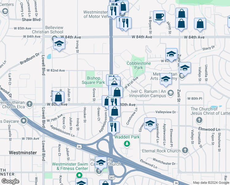 map of restaurants, bars, coffee shops, grocery stores, and more near 8040 Federal Boulevard in Westminster