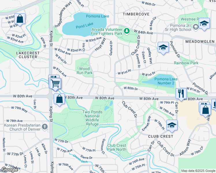 map of restaurants, bars, coffee shops, grocery stores, and more near 8070 Holland Court in Arvada