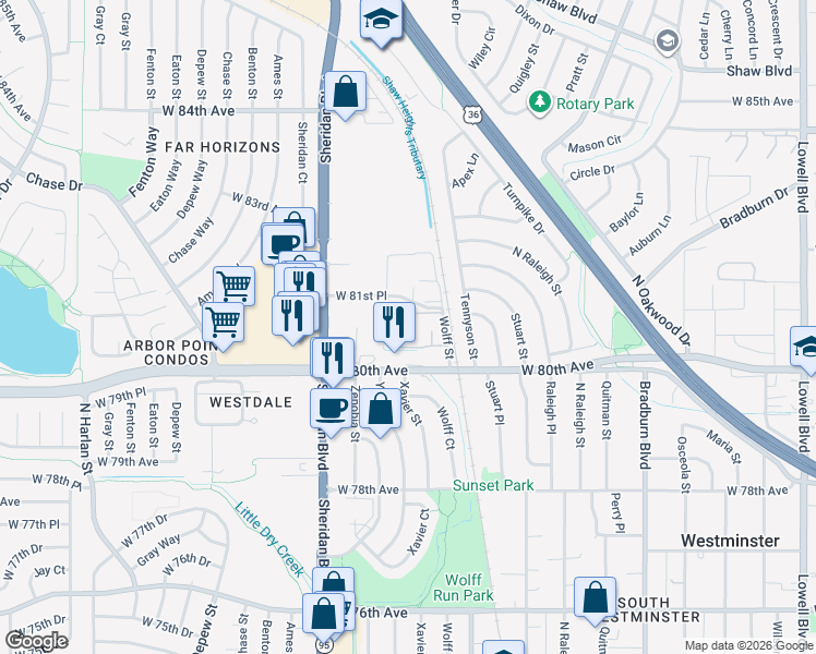 map of restaurants, bars, coffee shops, grocery stores, and more near 8075 Wolff Street in Westminster