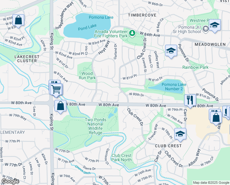 map of restaurants, bars, coffee shops, grocery stores, and more near 8050 Garrison Court in Arvada