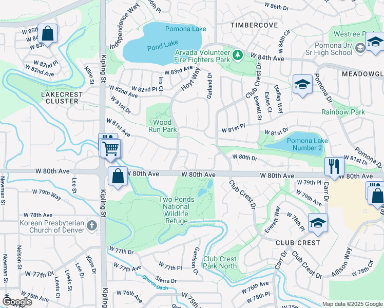 map of restaurants, bars, coffee shops, grocery stores, and more near 8070 Holland Court in Arvada