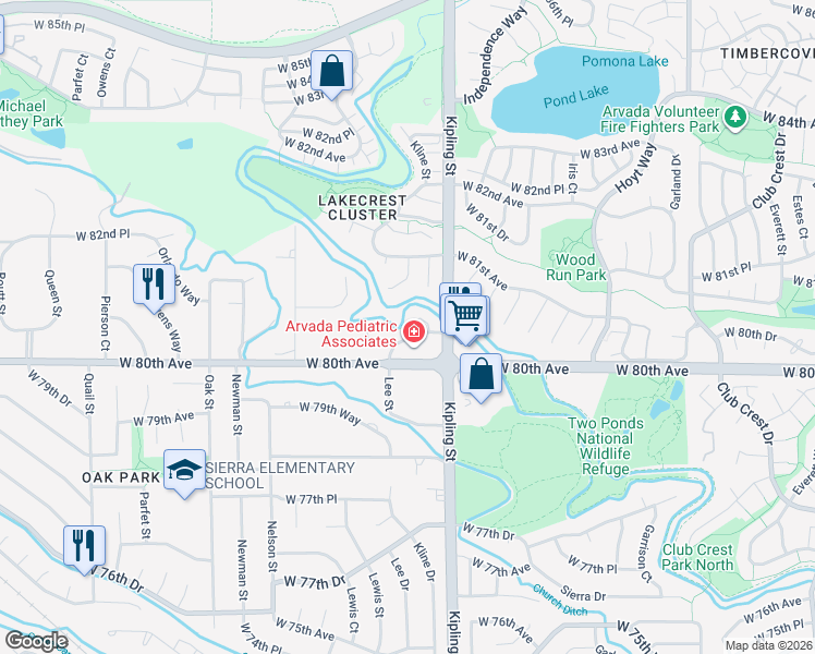 map of restaurants, bars, coffee shops, grocery stores, and more near 8035 Lee Drive in Arvada