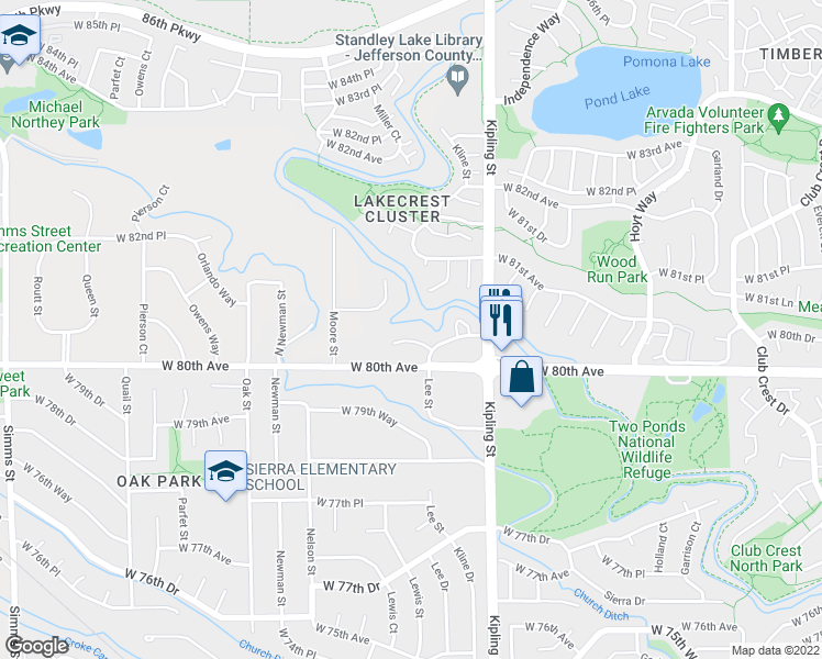 map of restaurants, bars, coffee shops, grocery stores, and more near 10253 West 80th Drive in Arvada