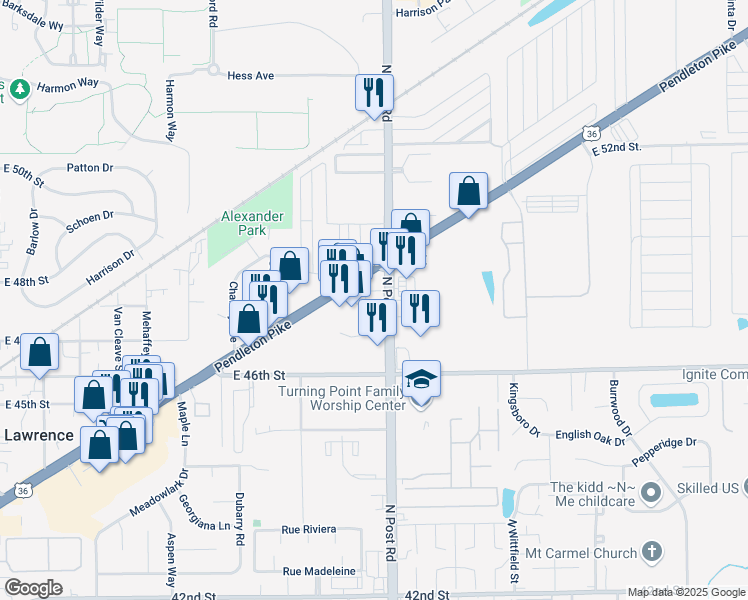 map of restaurants, bars, coffee shops, grocery stores, and more near 8909 Pendleton Pike in Lawrence
