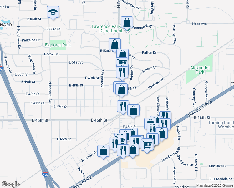 map of restaurants, bars, coffee shops, grocery stores, and more near 7955 Kingsmead Drive in Lawrence