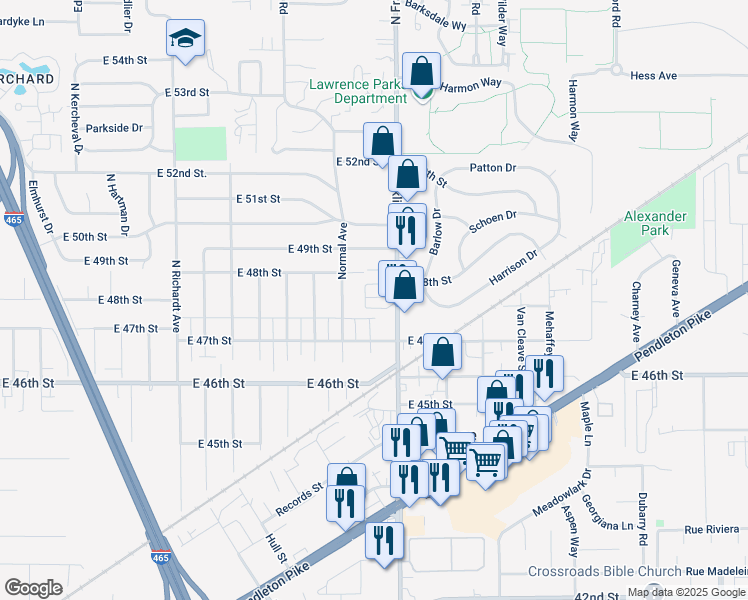 map of restaurants, bars, coffee shops, grocery stores, and more near 7955 Kingsmead Drive in Lawrence