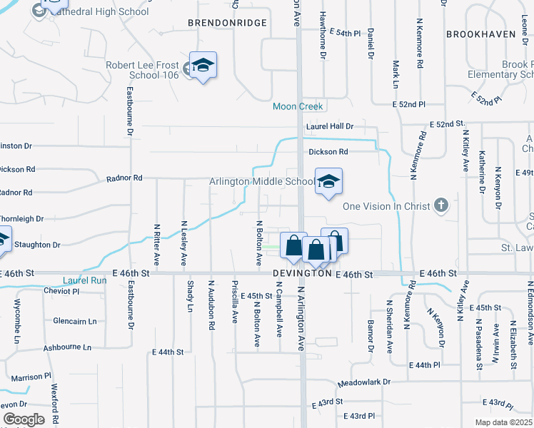 map of restaurants, bars, coffee shops, grocery stores, and more near 5909 Devington Road in Indianapolis