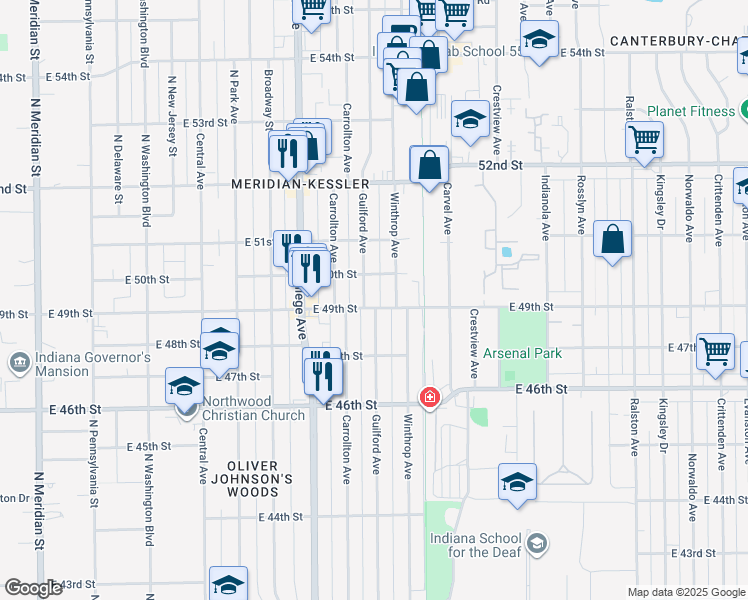 map of restaurants, bars, coffee shops, grocery stores, and more near 926 East 49th Street in Indianapolis