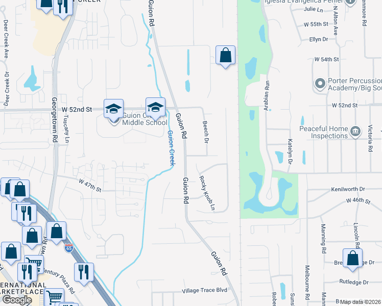 map of restaurants, bars, coffee shops, grocery stores, and more near 4903 West 49th Street in Indianapolis