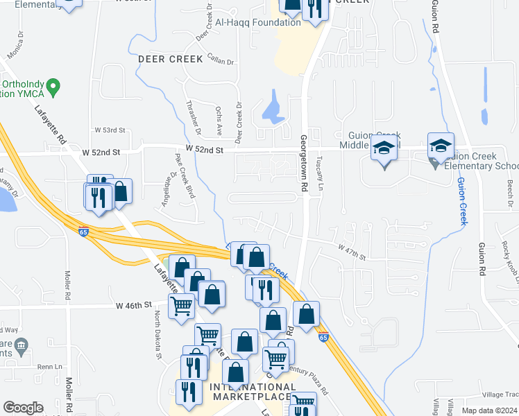 map of restaurants, bars, coffee shops, grocery stores, and more near 4947 Lewiston Drive in Indianapolis