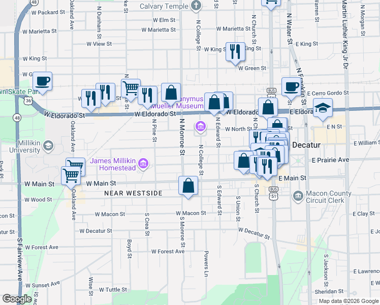map of restaurants, bars, coffee shops, grocery stores, and more near 250-298 North Monroe Street in Decatur