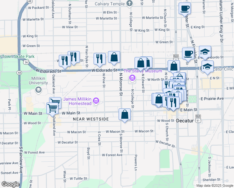map of restaurants, bars, coffee shops, grocery stores, and more near 250-298 North Monroe Street in Decatur