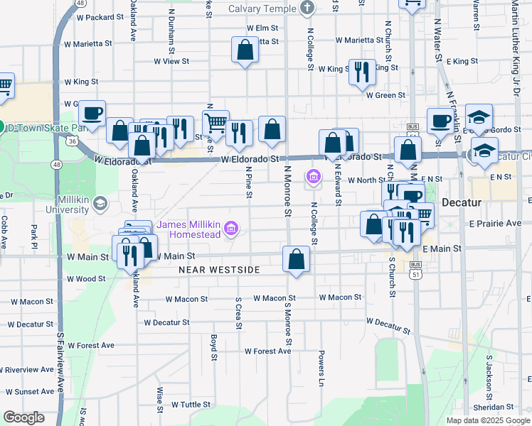 map of restaurants, bars, coffee shops, grocery stores, and more near 701-799 W William St in Decatur
