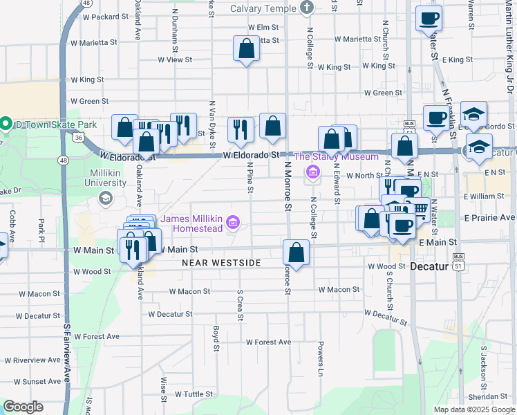 map of restaurants, bars, coffee shops, grocery stores, and more near 701-799 W William St in Decatur