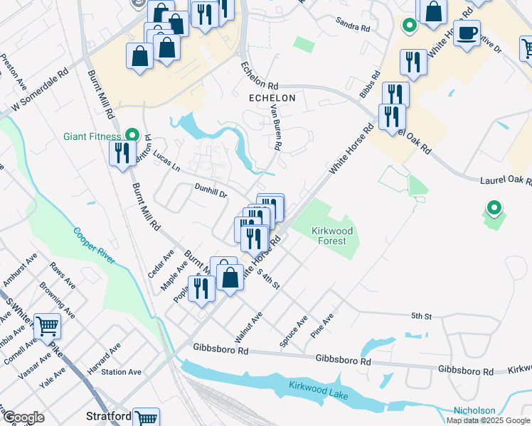 map of restaurants, bars, coffee shops, grocery stores, and more near 2113 Hamilton Drive in Voorhees Township