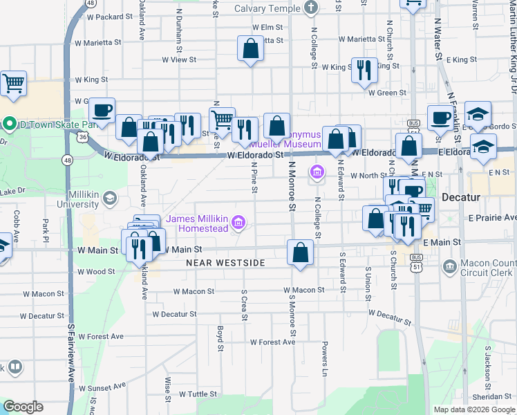map of restaurants, bars, coffee shops, grocery stores, and more near 701-799 W William St in Decatur
