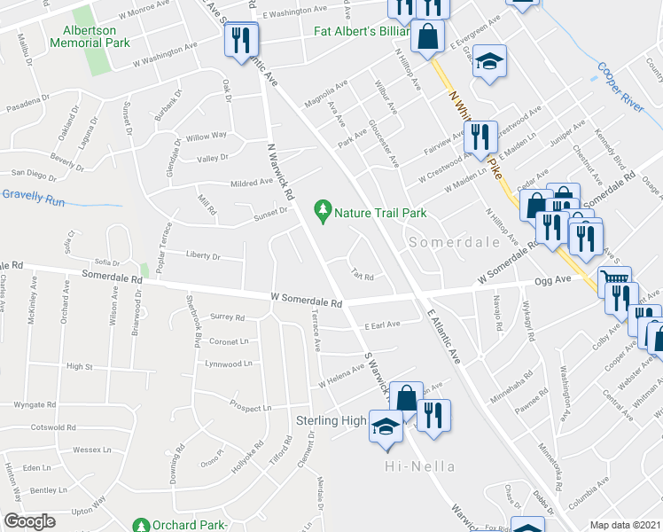 map of restaurants, bars, coffee shops, grocery stores, and more near 14 North Warwick Road in Somerdale
