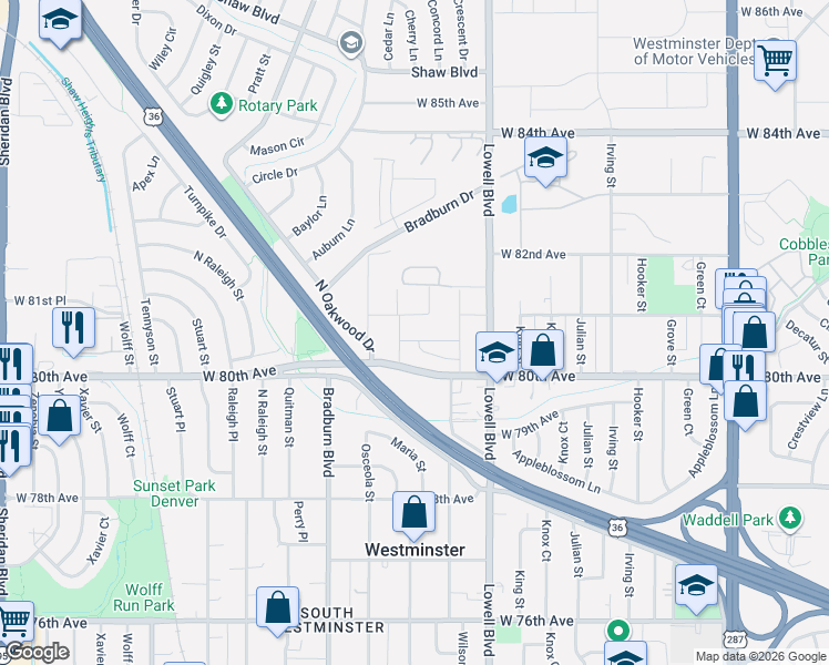 map of restaurants, bars, coffee shops, grocery stores, and more near 3761 West 81st Place in Westminster