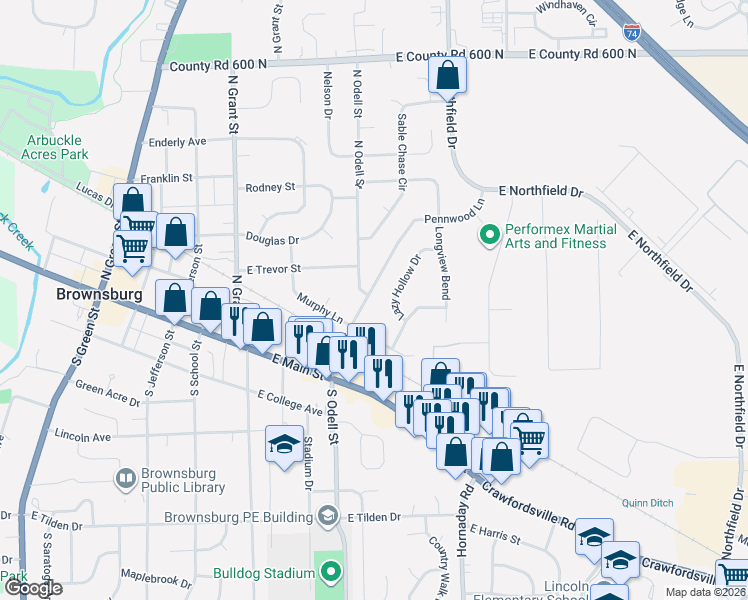 map of restaurants, bars, coffee shops, grocery stores, and more near 221 Pennwood Lane in Brownsburg