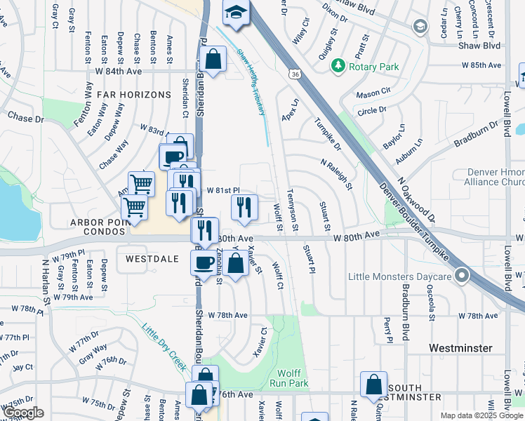 map of restaurants, bars, coffee shops, grocery stores, and more near 8075 Wolff Street in Westminster