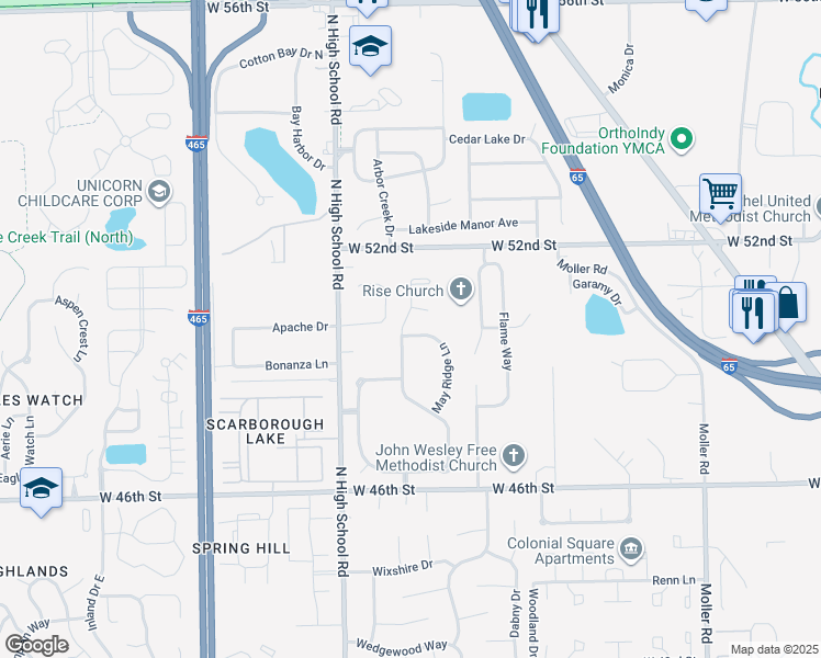 map of restaurants, bars, coffee shops, grocery stores, and more near 5001 Falcon Grove Drive in Indianapolis