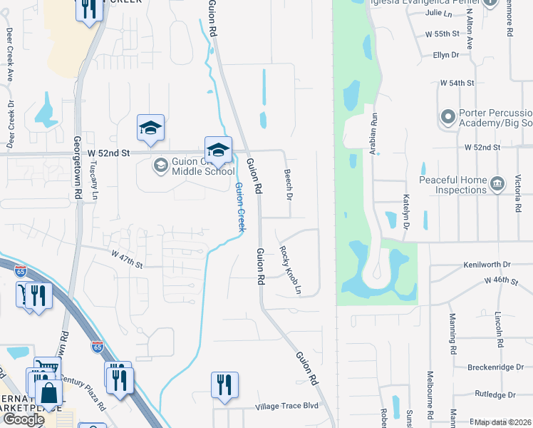 map of restaurants, bars, coffee shops, grocery stores, and more near 4903 West 49th Street in Indianapolis