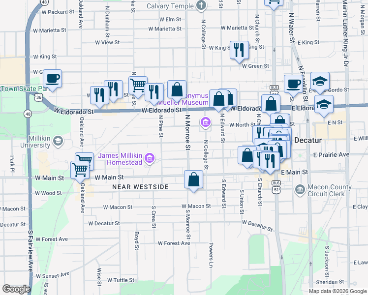 map of restaurants, bars, coffee shops, grocery stores, and more near 250-298 North Monroe Street in Decatur