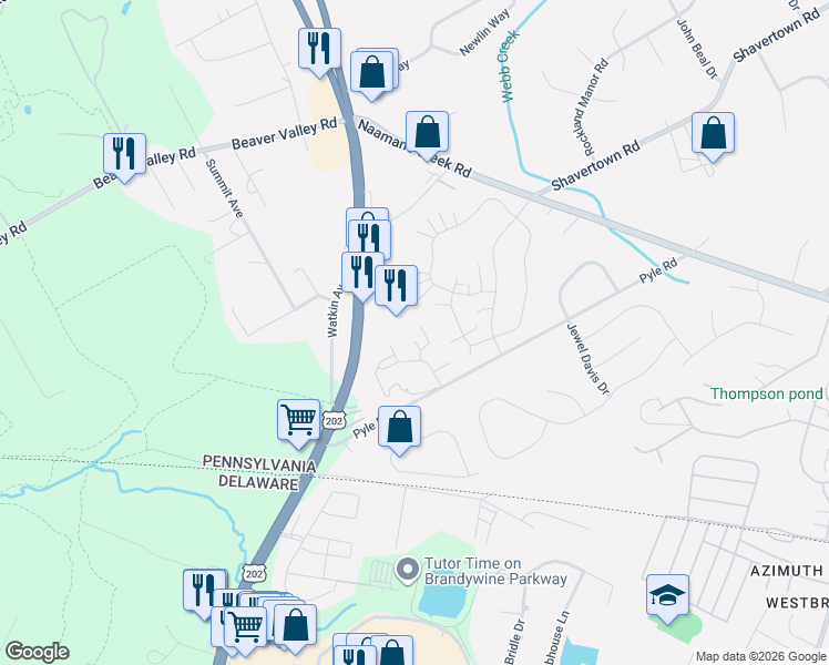 map of restaurants, bars, coffee shops, grocery stores, and more near 11 Robert Court in Chadds Ford